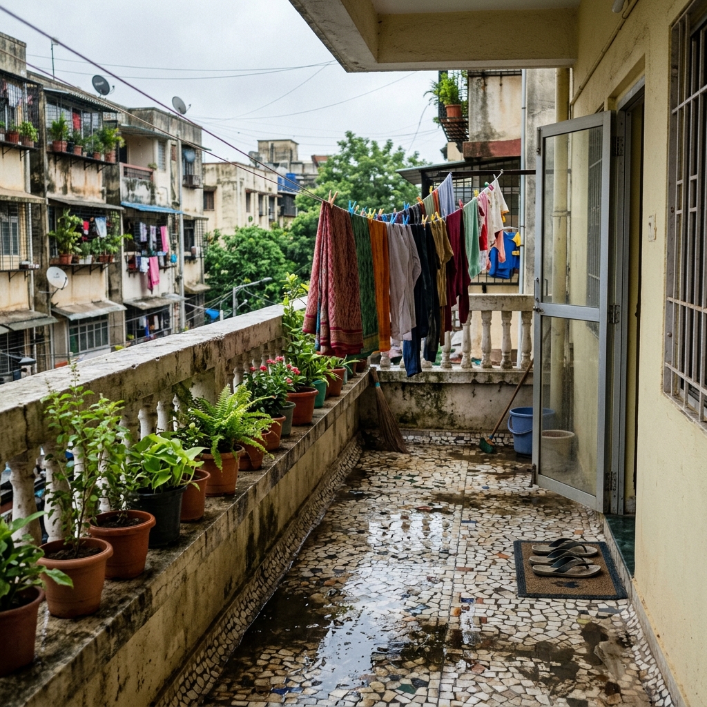 Indian home balcony with concrete railing, clothesline and damp floor joints