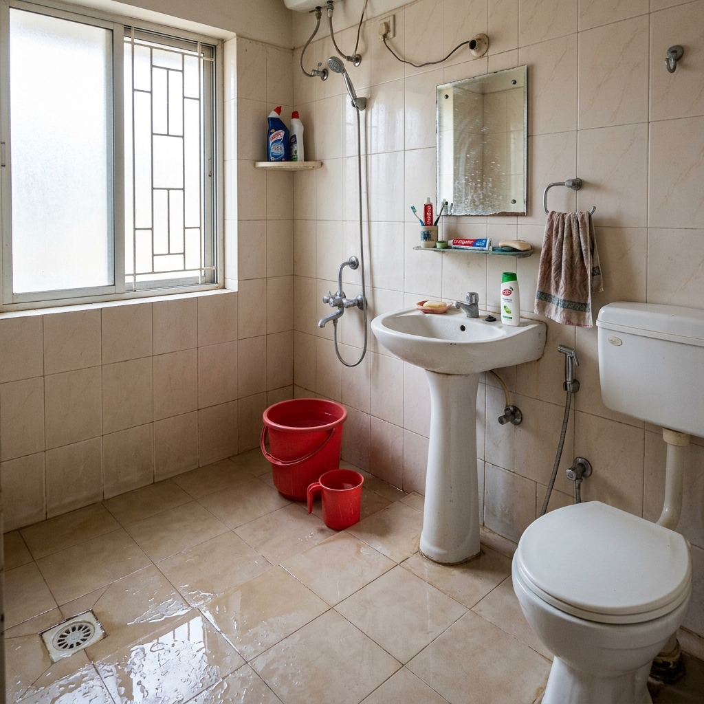 Indian home bathroom floor showing tiled wet area and water bucket