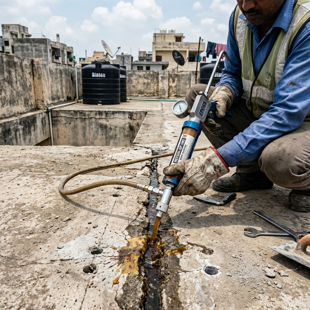 Concrete slab joint repair showing high pressure epoxy injection grouting