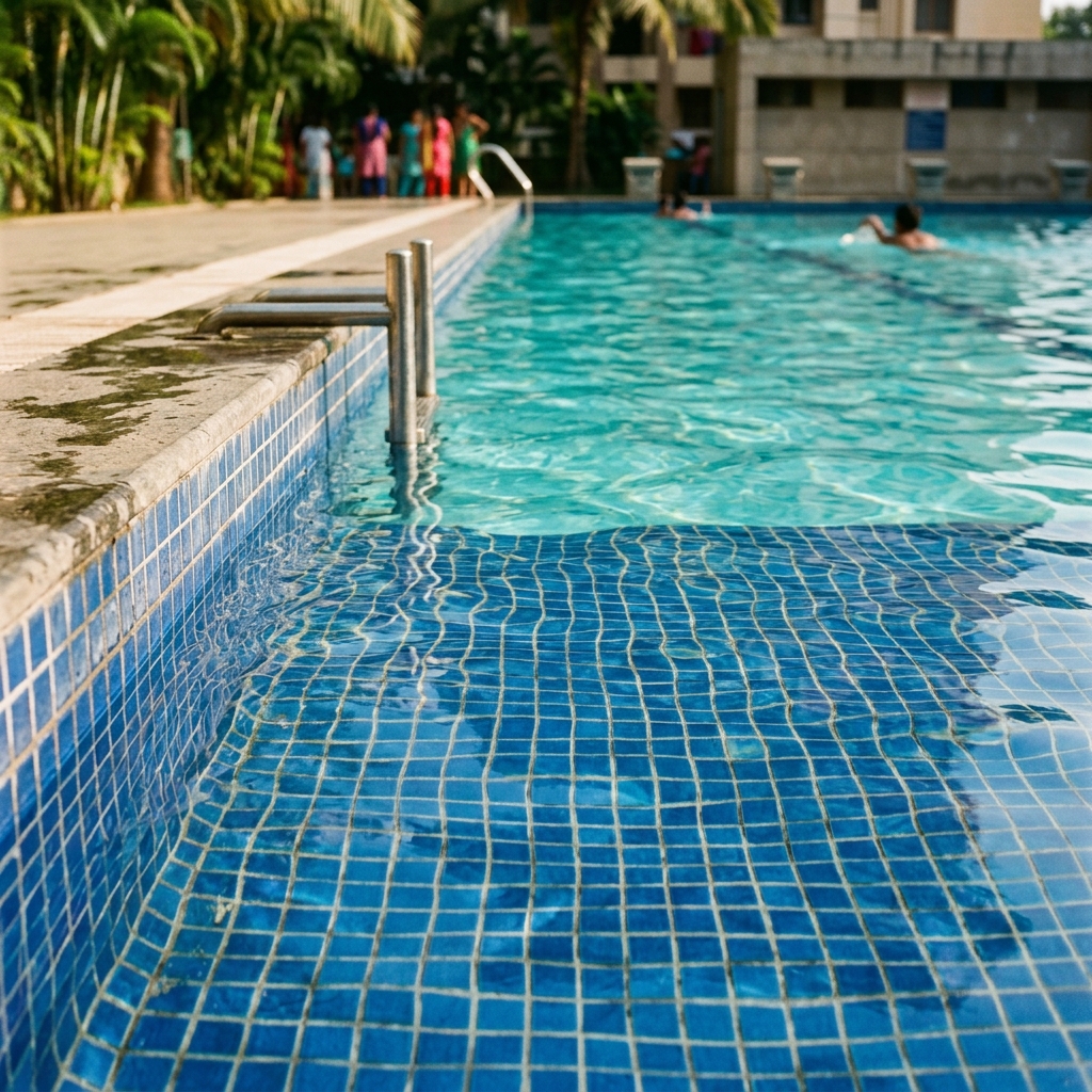 Swimming pool interior mosaic tiles showing clean pool shell waterproofing