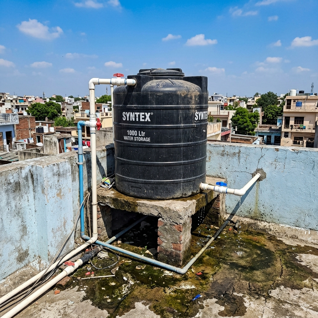Indian terrace overhead black plastic water storage tank and PVC pipe connections