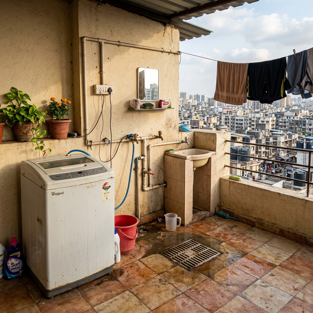 Indian utility wash area with washing machine and floor drain seeps