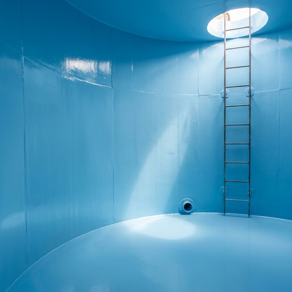Clean food-grade blue epoxy coated water tank interior by SPG Waterproofing