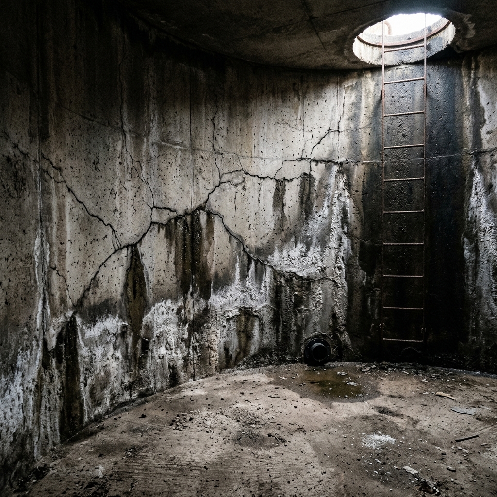 Dirty concrete water tank interior showing leak marks and cracks